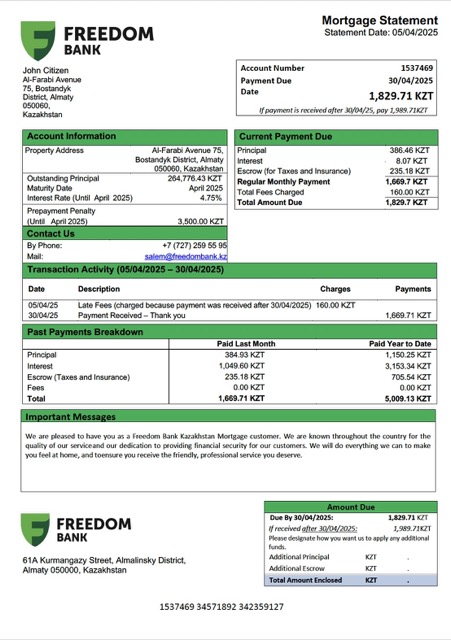 Download Kazakhstan Freedom Bank Kazakhstan mortgage statement Word and PDF template Photoshop template